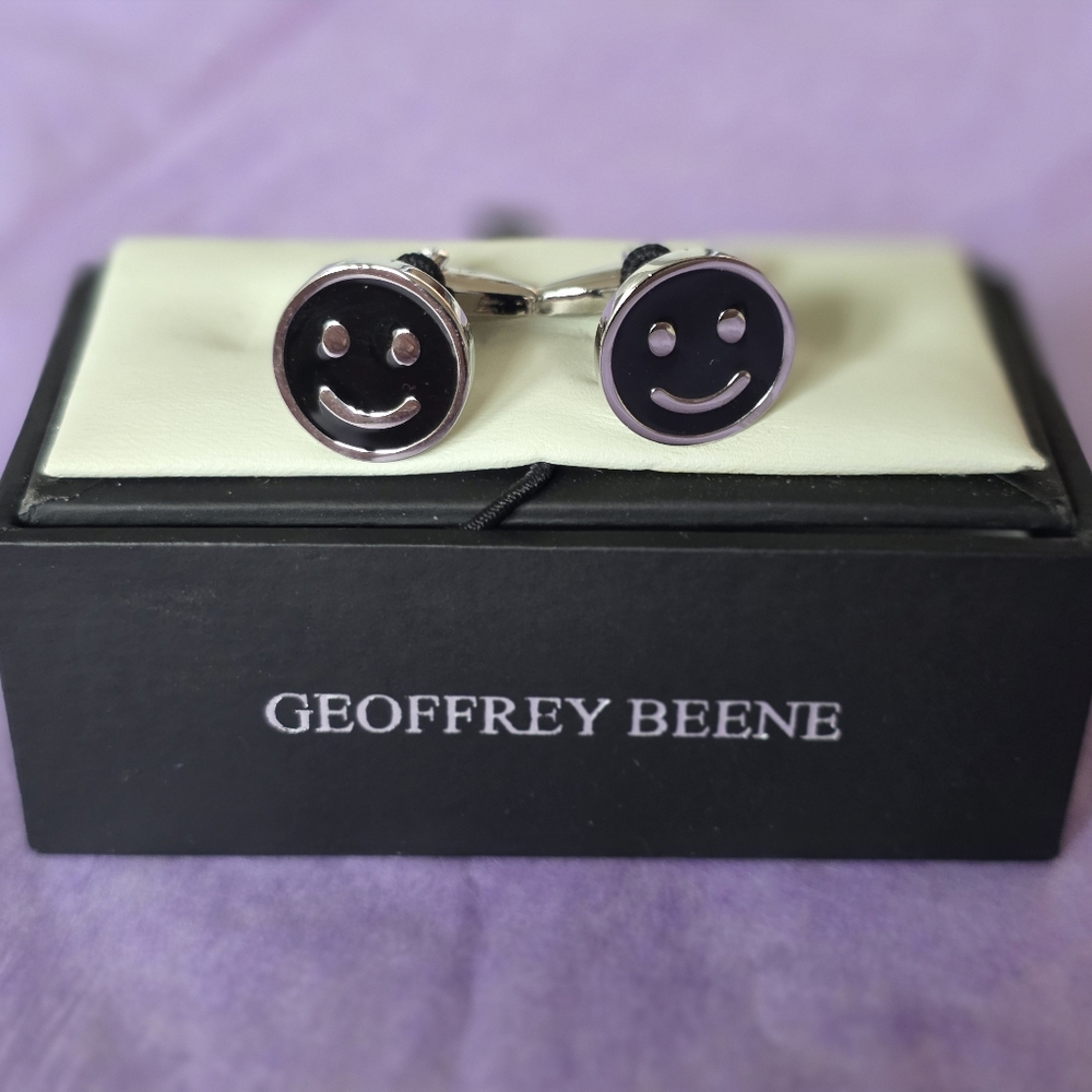 Geoffrey Beene Chrome and Black Smiley Happy Face Cufflinks